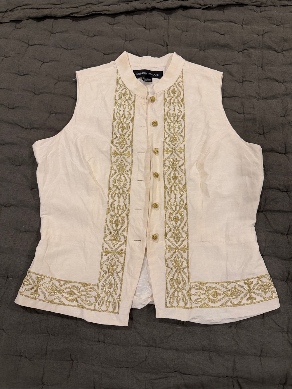 Kenneth Jay Lane Ivory Silk Sleeveless Embroidered Button Vest